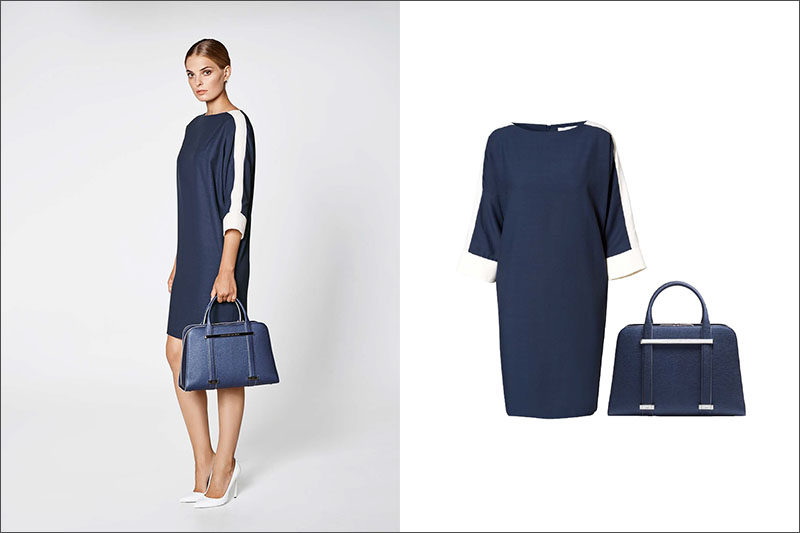 Women's Fashion Ideas - 12 Women's Outfits From Porsche Design's 2017 Spring/Summer Collection // A navy and white boat neck dress is paired with a navy purse in this simple women's outfit.