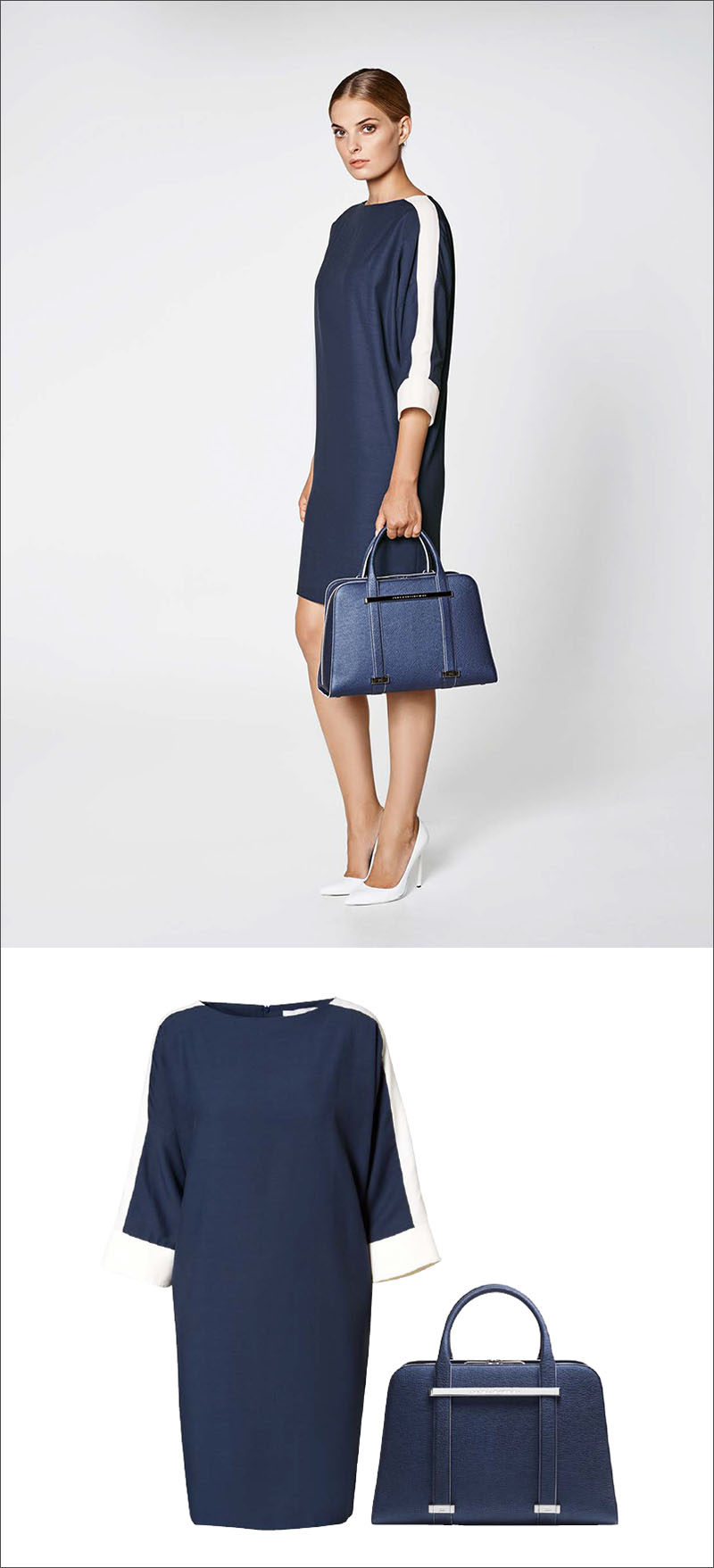 Women's Fashion Ideas - 12 Womens Outfits From Porsche Design's 2017 Spring/Summer Collection // A navy and white boat neck dress is paired with a navy purse in this simple women's outfit.