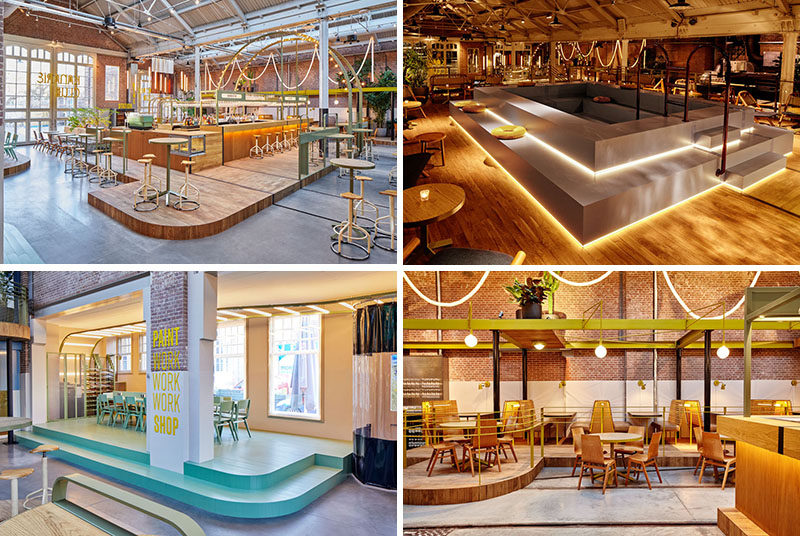 Studio Modijefsky have transformed what was once a former tram depot in Amsterdam into a restaurant and bar named the Kanarie Club, that features many different zones