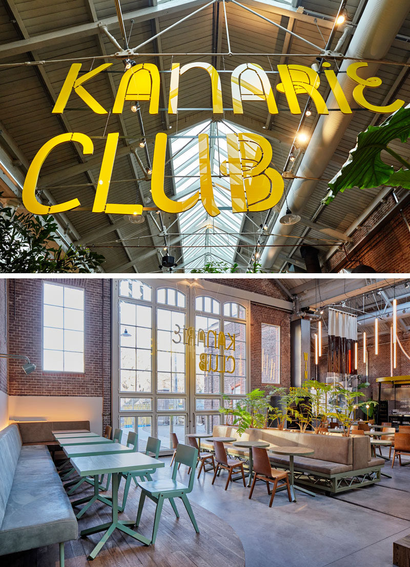 Studio Modijefsky have transformed what was once a former tram depot in Amsterdam into a restaurant and bar named the Kanarie Club, that features many different zones
