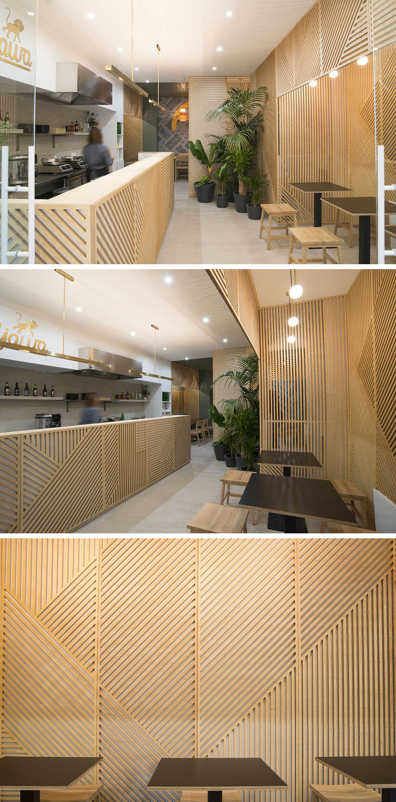 Wall Decor Idea - This restaurant covered its walls with wood panels that look like abstract line art