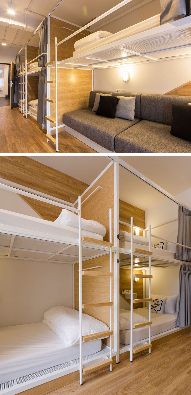 In this modern Bangkok hostel, the dormitory rooms have been set up with bunk beds, each with individual privacy curtains. 