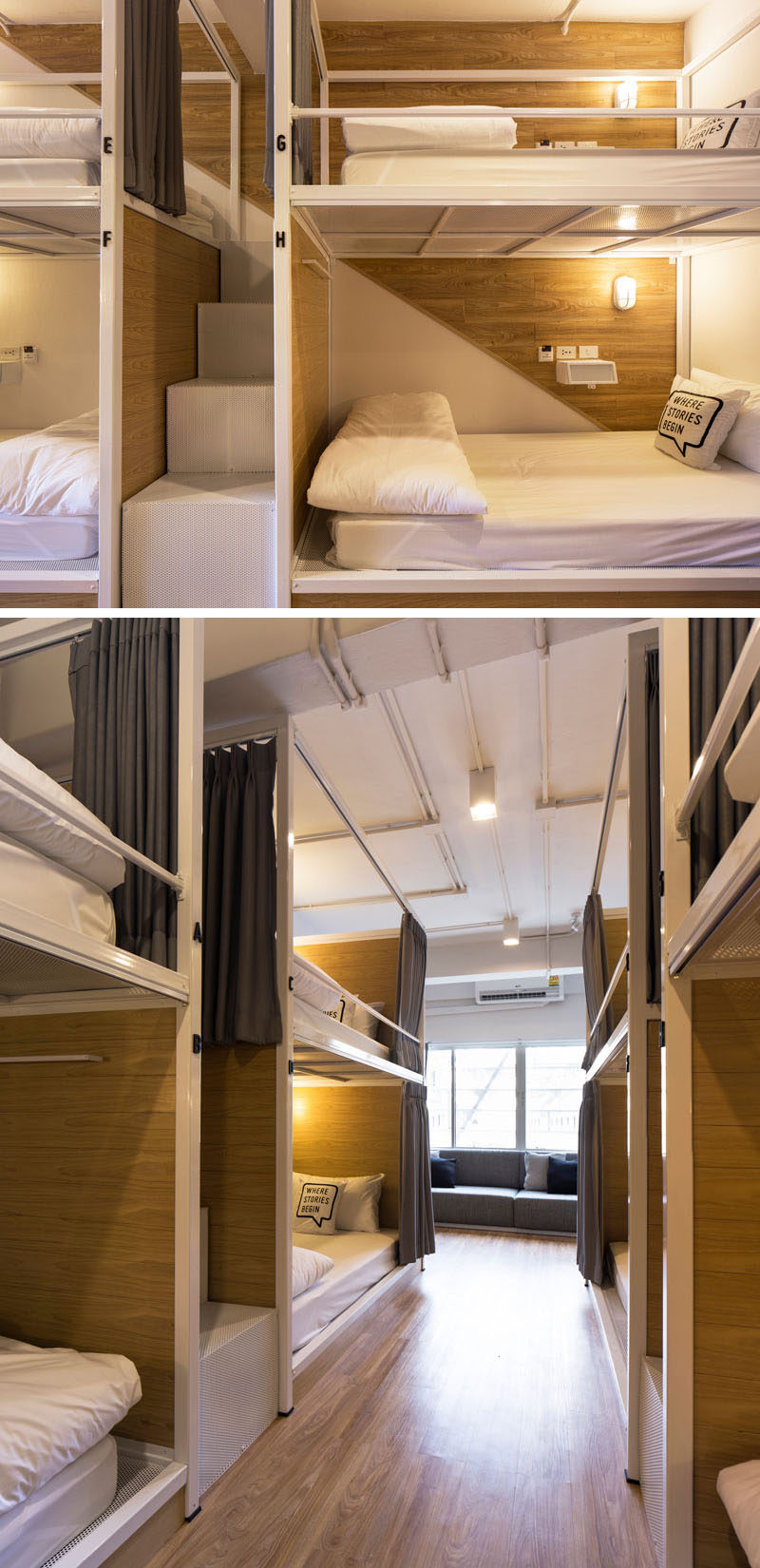 In this modern Bangkok hostel, the bunks have stairs between them instead of a ladder, allowing easy access to the top bunks.