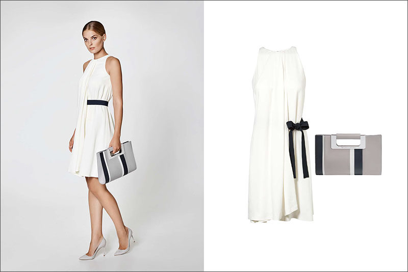 Women's Fashion Ideas - 12 Womens Outfits From Porsche Design's 2017 Spring/Summer Collection // This simple white women's dress featuring a navy side bow and a navy and grey clutch create the perfect spring evening outfit.