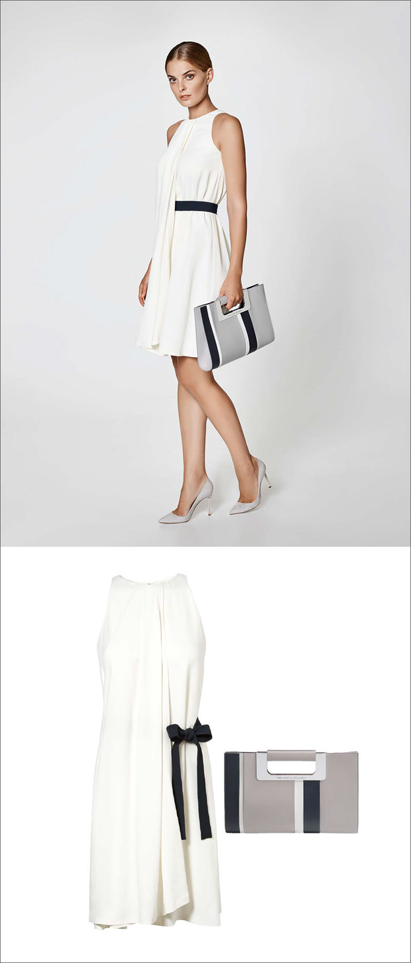 Women's Fashion Ideas - 12 Womens Outfits From Porsche Design's 2017 Spring/Summer Collection // This simple white women's dress featuring a navy side bow and a navy and grey clutch create the perfect spring evening outfit.