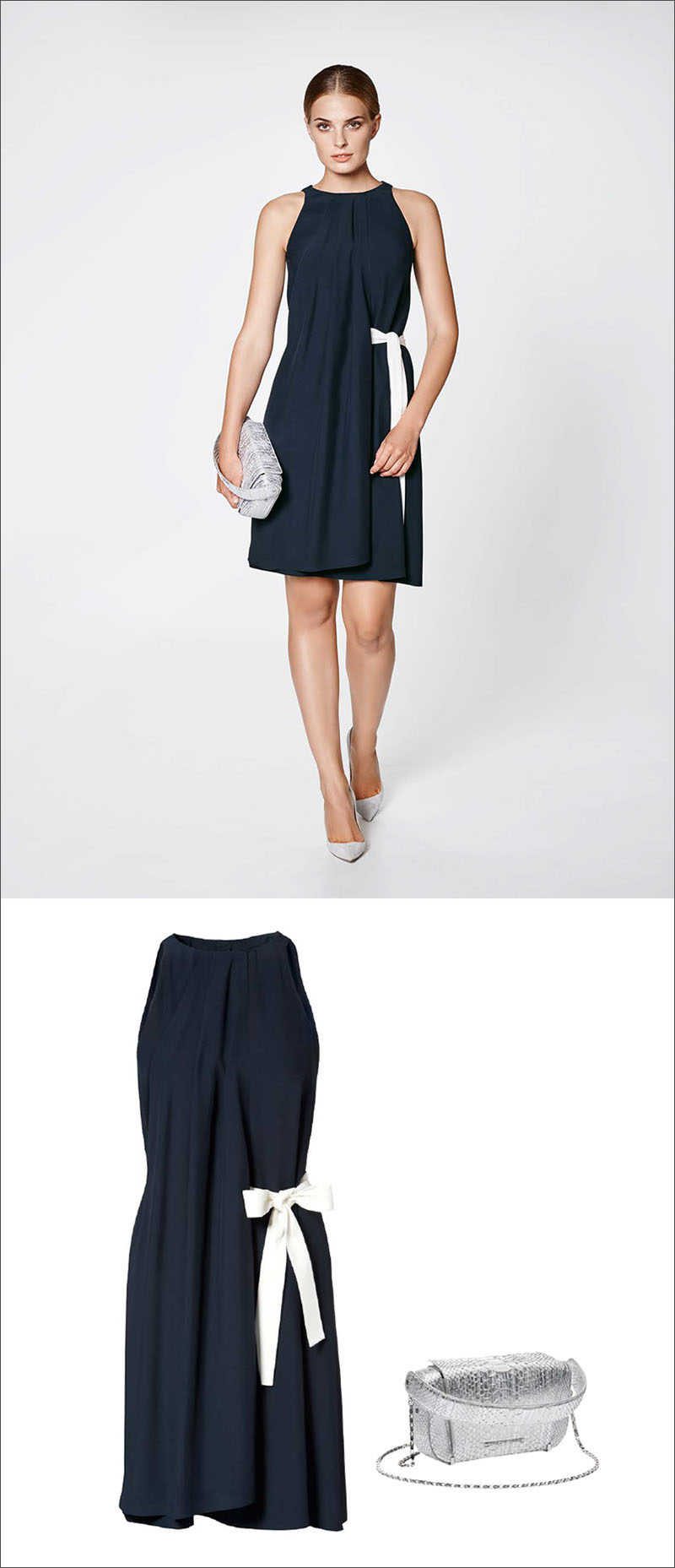 Women's Fashion Ideas - 12 Womens Outfits From Porsche Design's 2017 Spring/Summer Collection // A navy dress with a white side bow and a silver bag create this girly women's outfit.