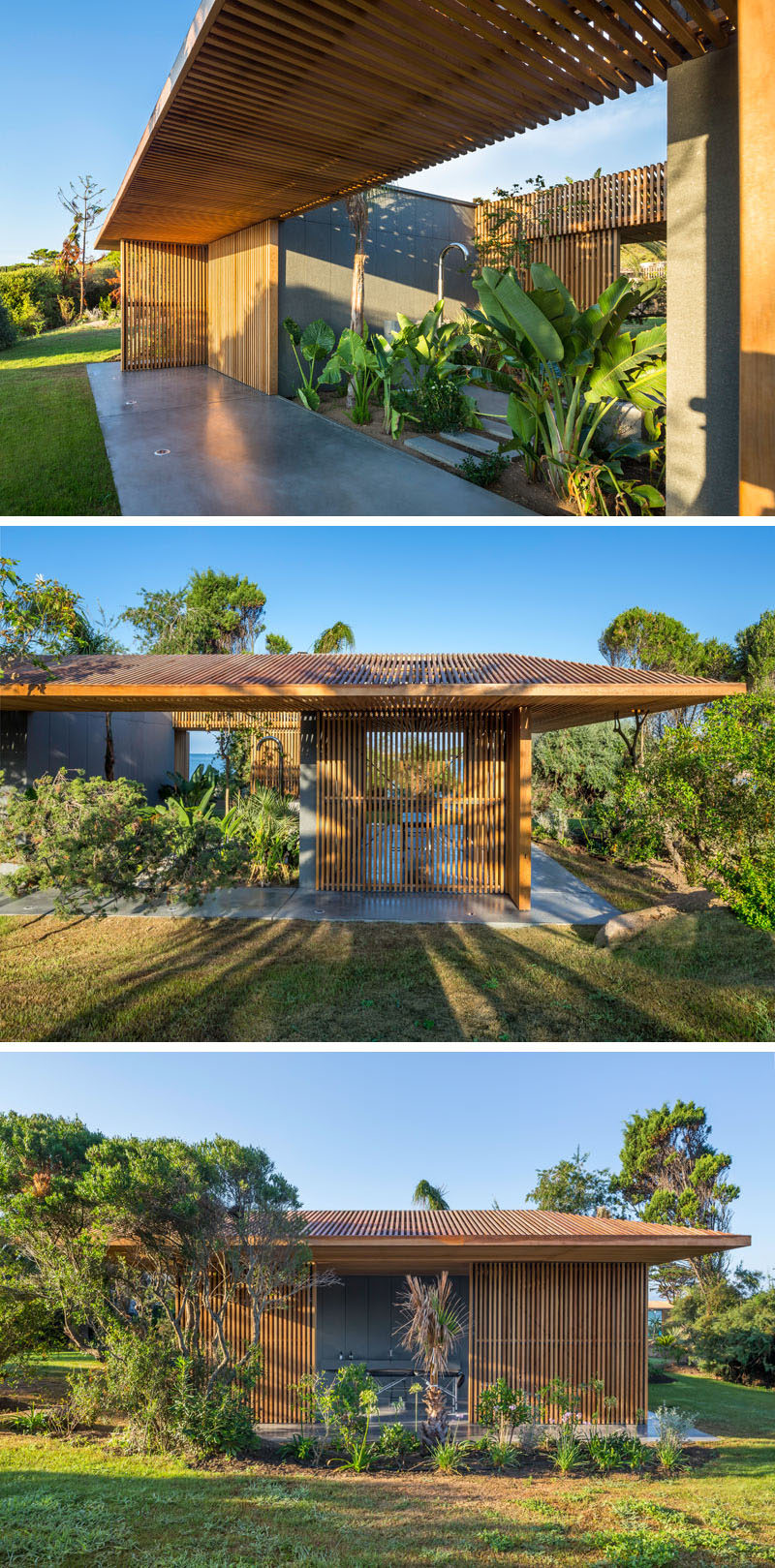 At one end of this modern villa, there's a tropical area with an outdoor shower and a room set up for massages.