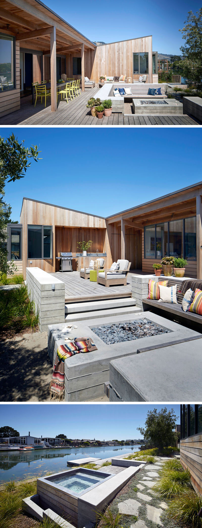 The outdoor spaces at the rear of this home that overlooks a lagoon, have been set up for ultimate outdoor entertaining. There's an outdoor bbq/kitchen, dining table, lounge area, a partially sunken secondary lounge with firepit, and on a lower level, there's a spa and a dock providing access to the lagoon.