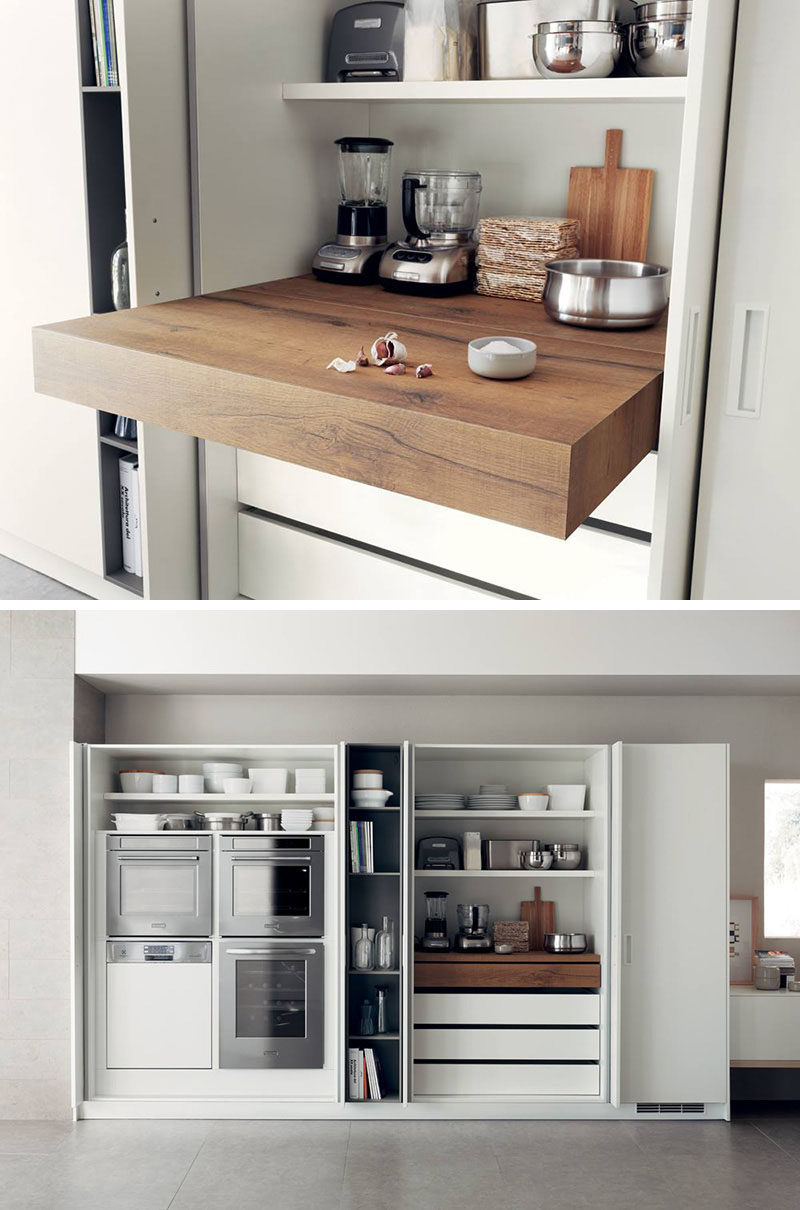 Kitchen Design Idea - Pull-Out Counters (10 Pictures) // Pull-out counters are great for creating more space in a compact kitchen that can be closed up completely when it isn't being used.