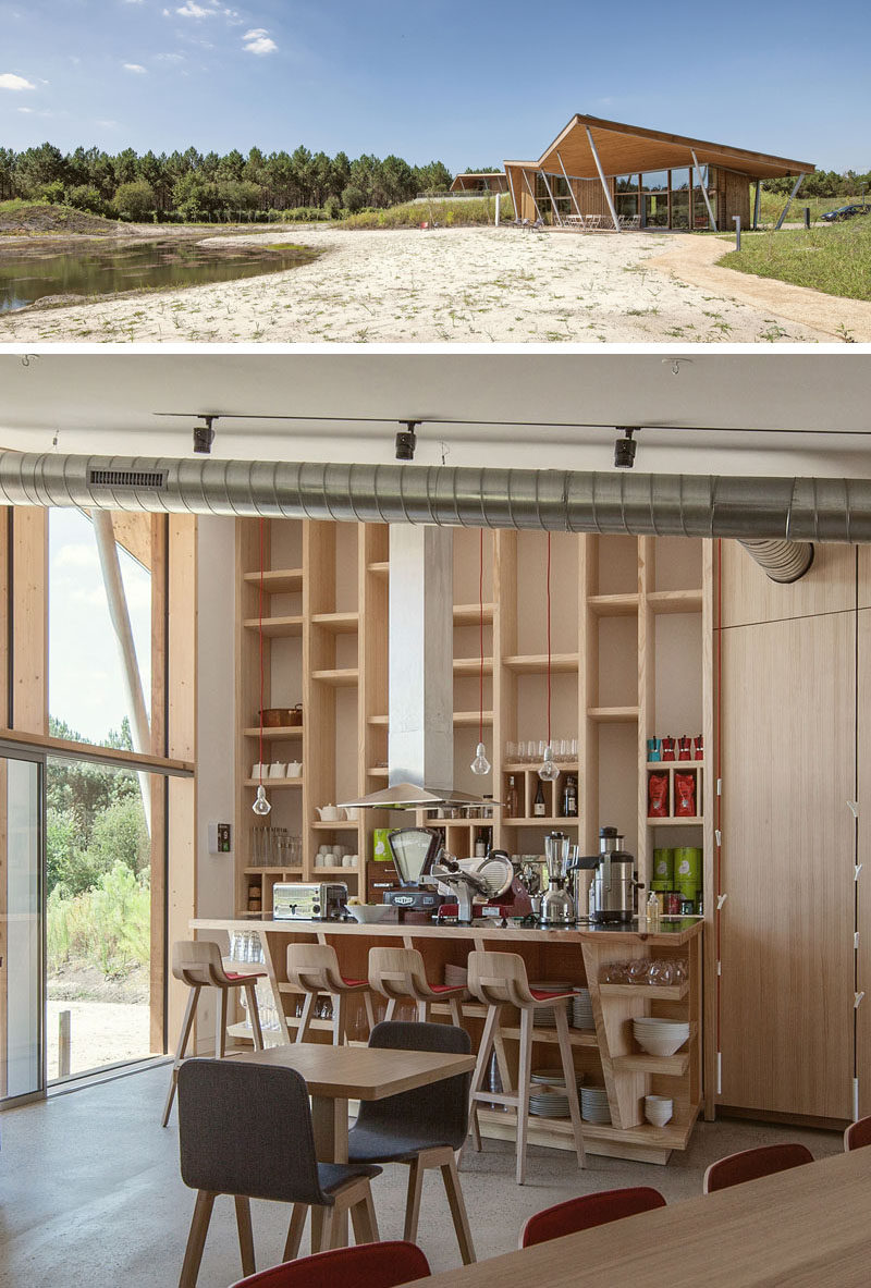 This restaurant at a French eco-resort has outdoor seating covered by the overhanging butterfly roof, and inside, there's more seating. The restaurant can also be transformed into a meeting room for business events.