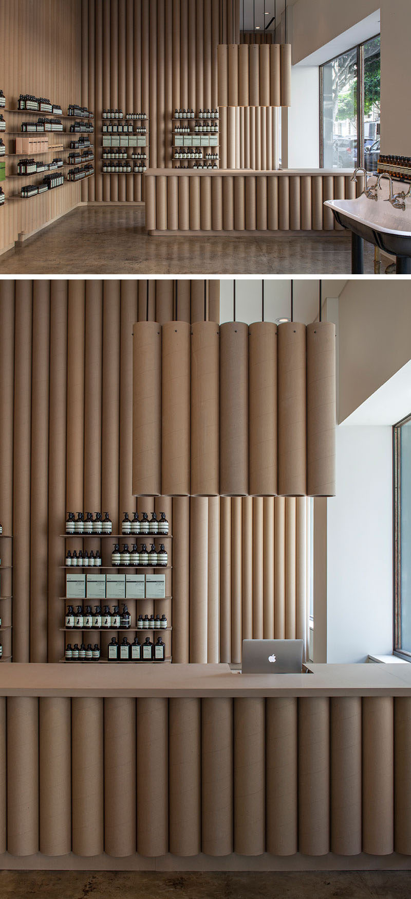 Modern store interior design ideas - Brooks + Scarpa designed this Aesop retail store in downtown LA that features 6 inch cardboard tube walls, furniture and fixtures.