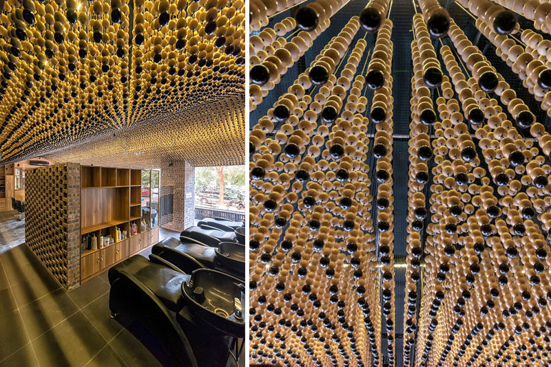 Ceiling Design Ideas - This Hair Salon Has A Ceiling Covered In Wood Beads