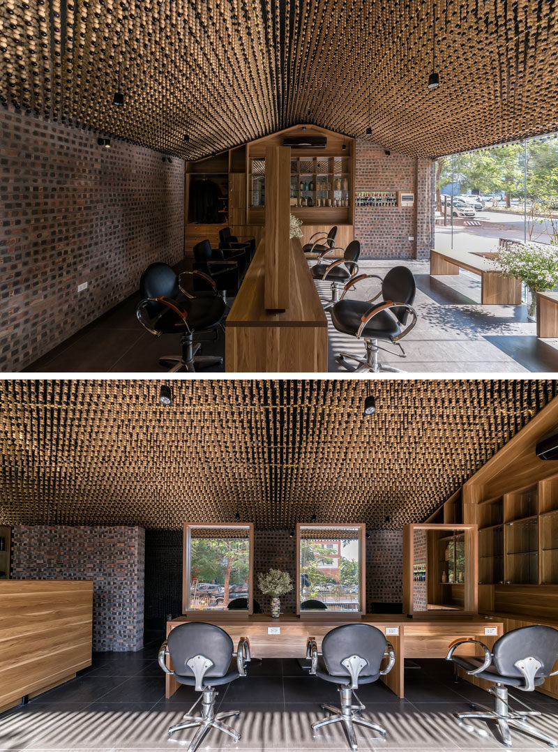 Ceiling Design Ideas - 200,000 Wood Beads Cover The Ceiling In This Hair Salon