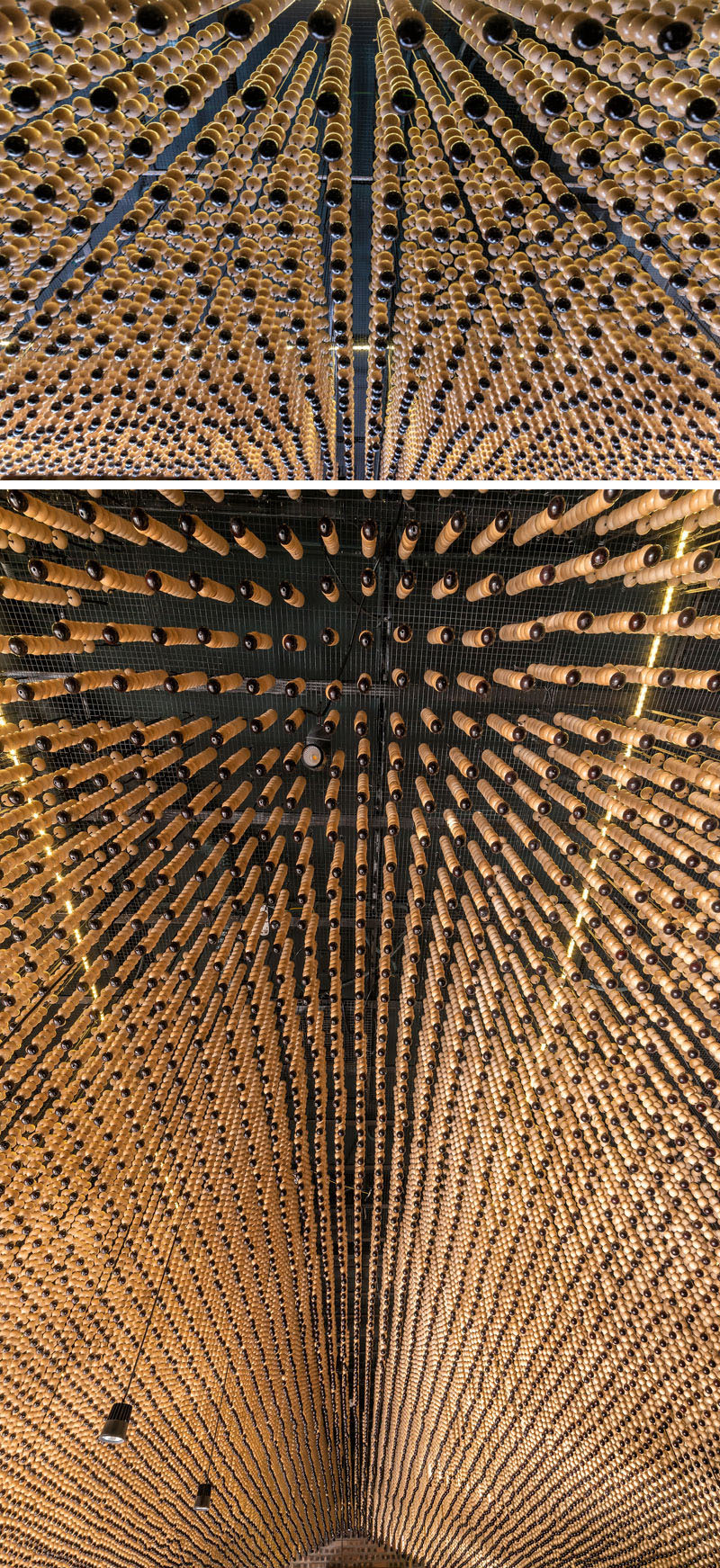 Ceiling Design Ideas - 200,000 Wood Beads Cover The Ceiling In This Hair Salon