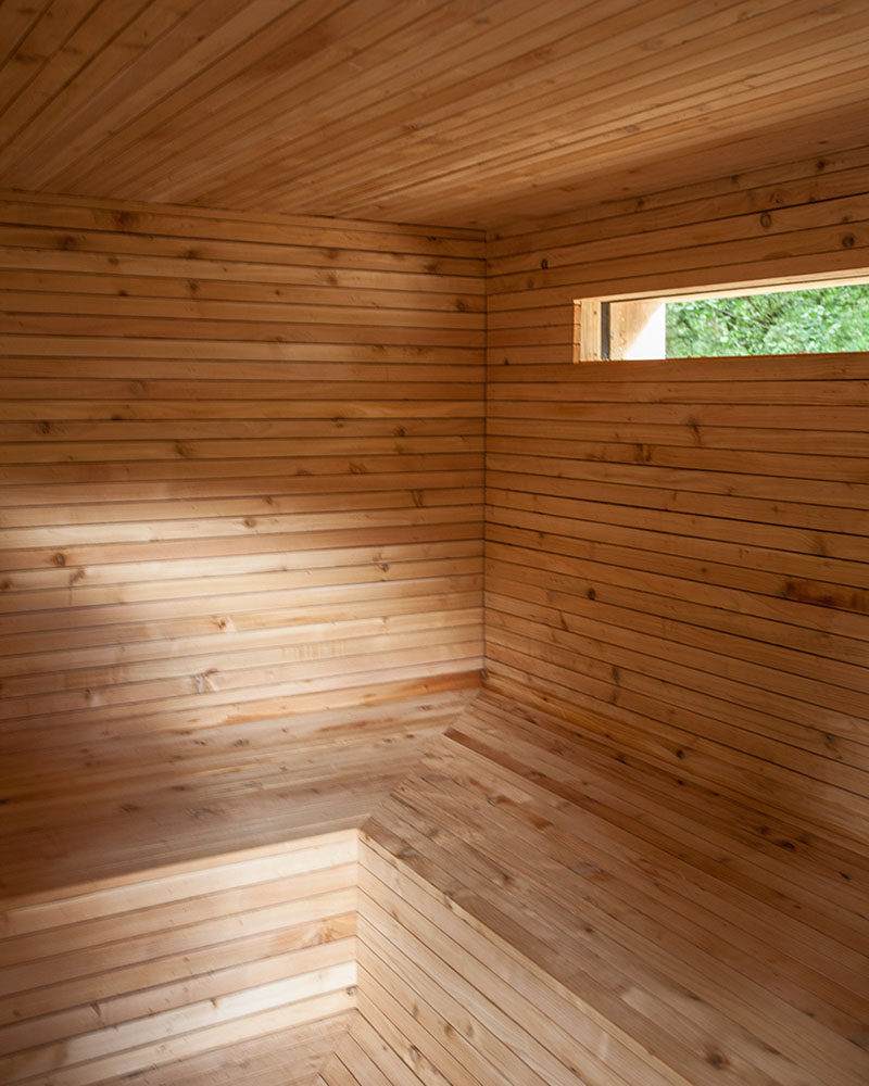 This modern treehouse has a rooftop sauna.