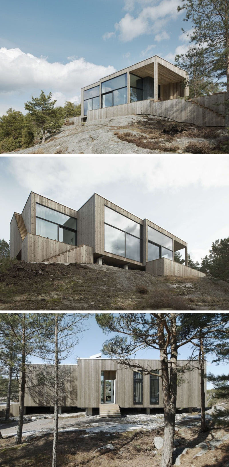 19 Examples Of Modern Scandinavian House Designs | This Swedish home is covered in light wood to protect it from the elements and features huge windows to let in as much natural light as possible.