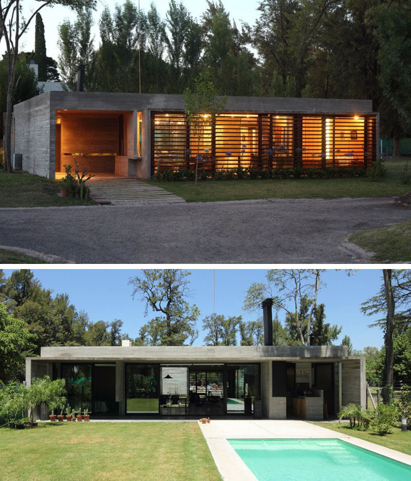 15 Single Story Modern Houses | Wooden shutters provide privacy to the front of this single story house that opens up in the back to enable indoor outdoor living.