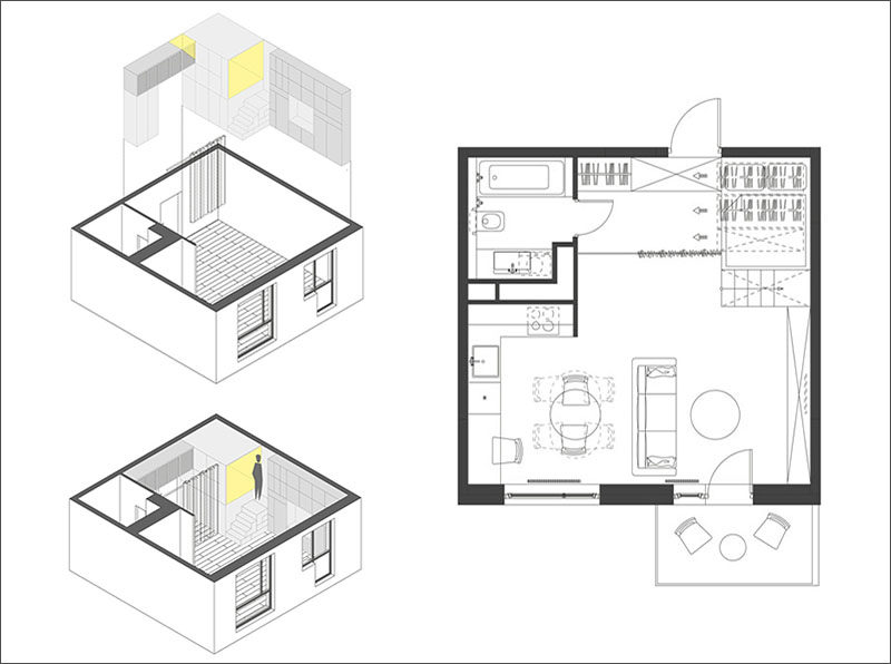 Small Apartment Design Idea - Raised bedroom allows for storage underneath