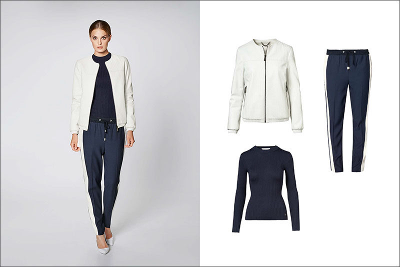 Women's Fashion Ideas - 12 Women's Outfits From Porsche Design's 2017 Spring/Summer Collection // Casual pants have been dressed up with a navy crew neck sweater and light weight white jacket.