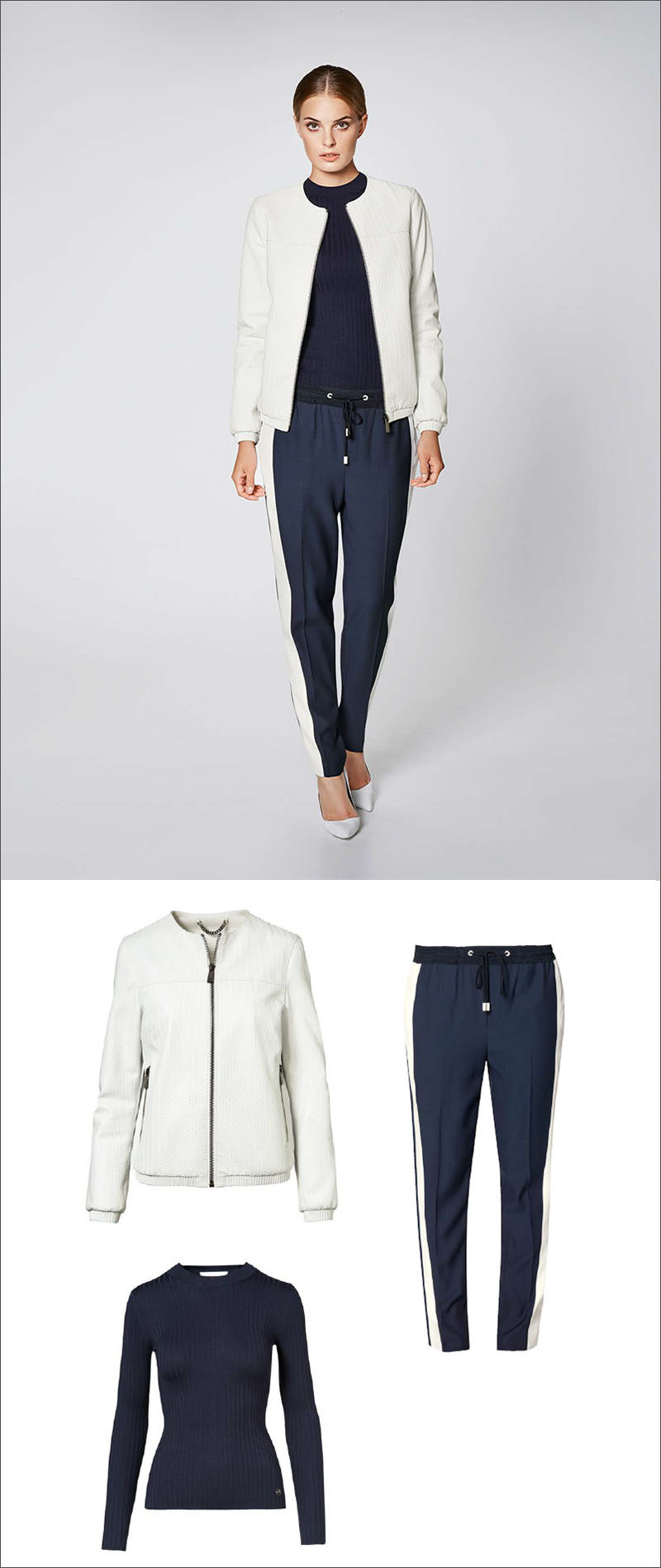 Women's Fashion Ideas - 12 Womens Outfits From Porsche Design's 2017 Spring/Summer Collection // Casual pants have been dressed up with a navy crew neck sweater and light weight white jacket.