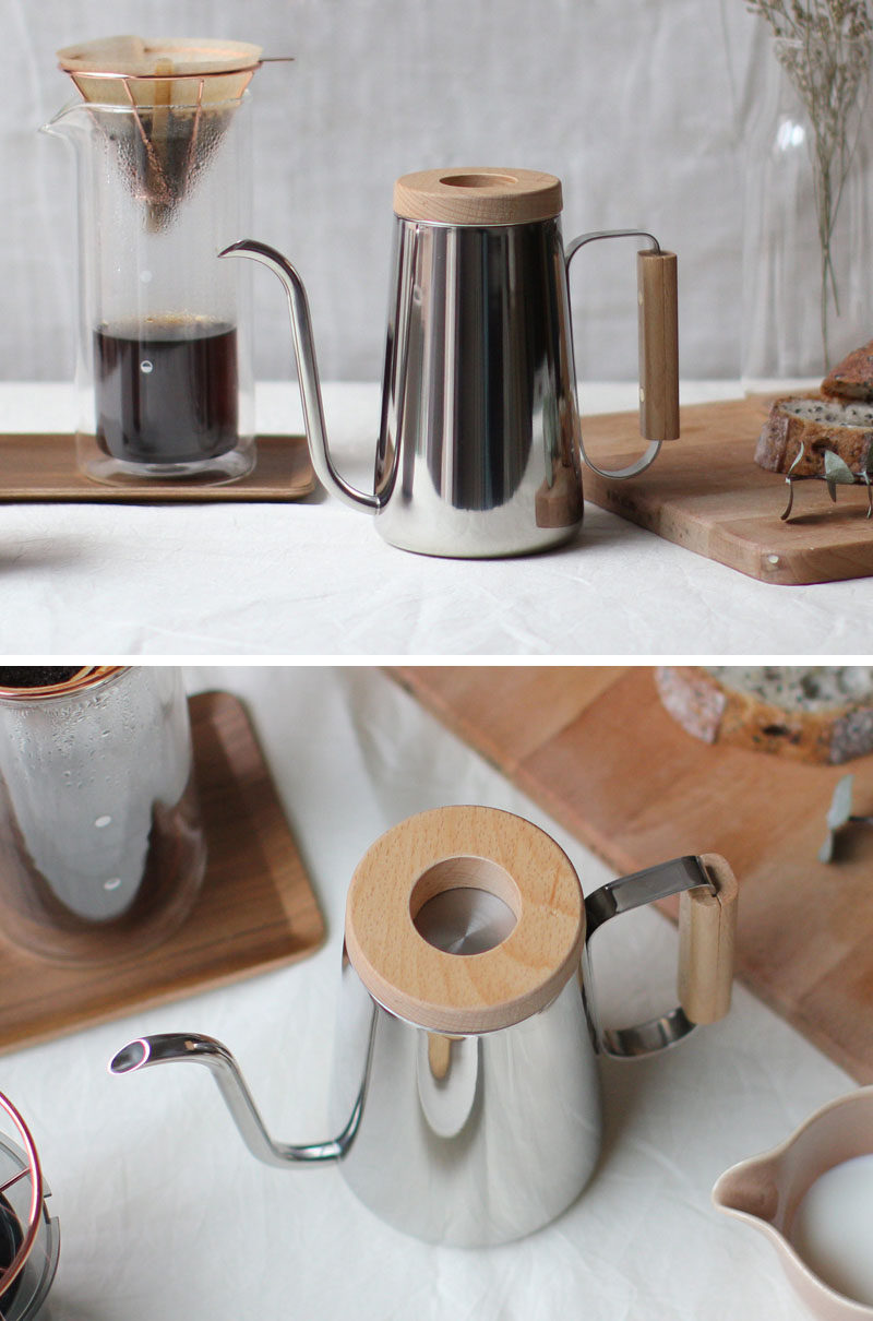 13 Modern Gift Ideas For Coffee Connoisseurs // Stainless steel and wood details make this pour over kettle feel clean and modern and minimal.