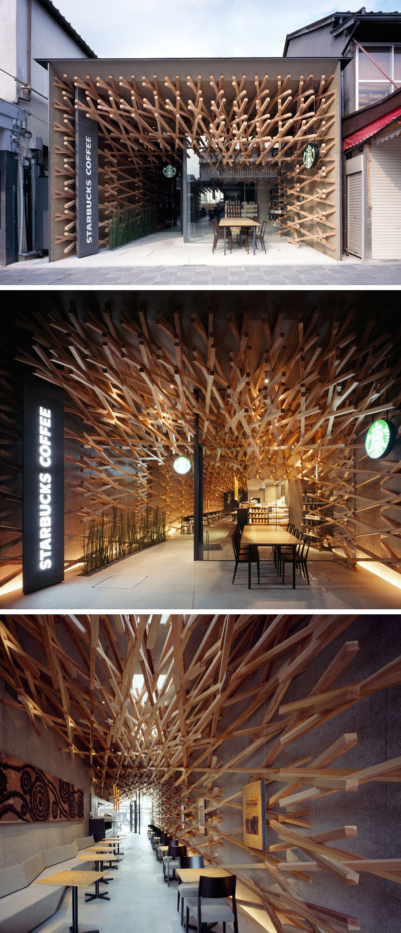 11 Starbucks Coffee Shops From Around The World // In an attempt to connect this Starbucks location to it's surroundings, interlocking wooden beams lead people from the streets deep into the shop. The wooden beams were also used in a nod to sustainability and recycling as they can easily be dismantled and used again somewhere else.