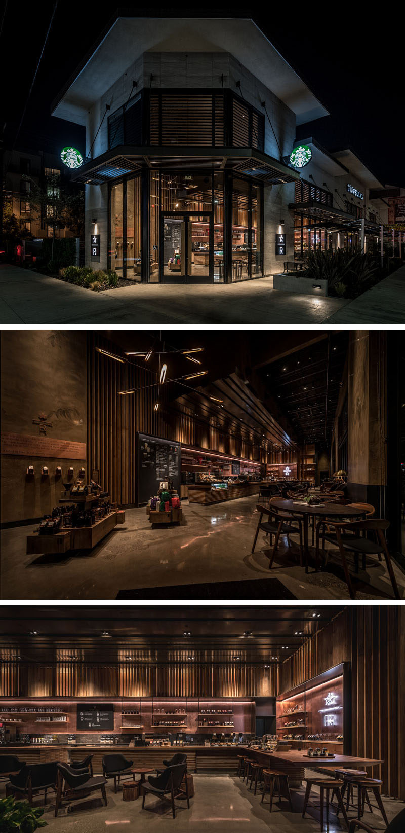 11 Starbucks Coffee Shops From Around The World // This Starbucks location on La Brea Avenue in Los Angeles features a number of unique design details including two long bars that allow for two kinds of customers - those who are running in and out, and those who want to spend some time learning about coffee and the company.