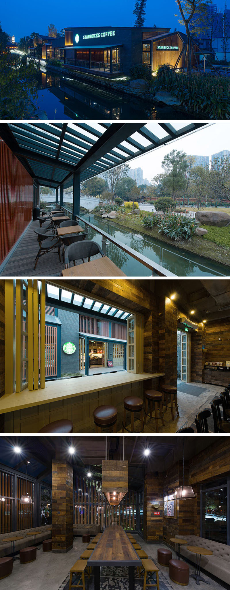 11 Starbucks Coffee Shops From Around The World // Made up of two freestanding buildings along the Jinjiang River in Chengdu, China, this Starbucks location uses large sliding doors and windows to create a feeling of connection between the two spaces and nature.