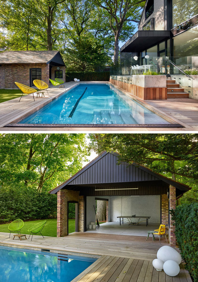 A new terrace and pool was added to this house and is surrounded by large mature trees. The home's original garage was transformed into a pool cabana and games room.