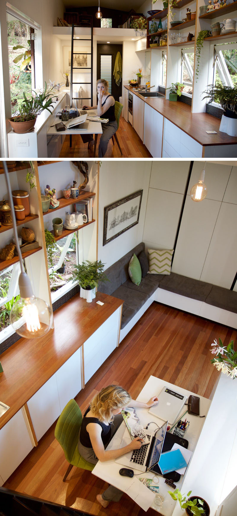 This custom designed tiny house has a small deck, a comfortable lounge, a kitchen with a fold out table, a retractable bed, a relaxing loft area.