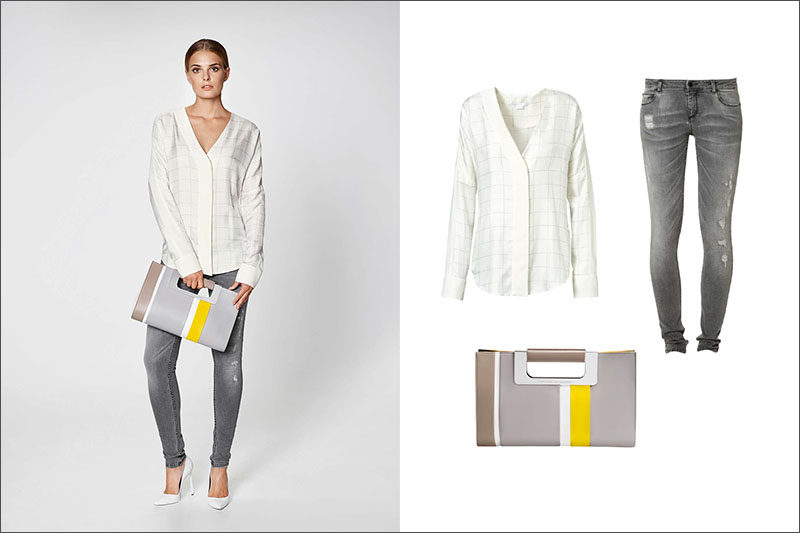 Women's Fashion Ideas - 12 Women's Outfits From Porsche Design's 2017 Spring/Summer Collection // A window pane blouse, ripped jeans, and a grey clutch with a pop of yellow create this versatile women's outfit.