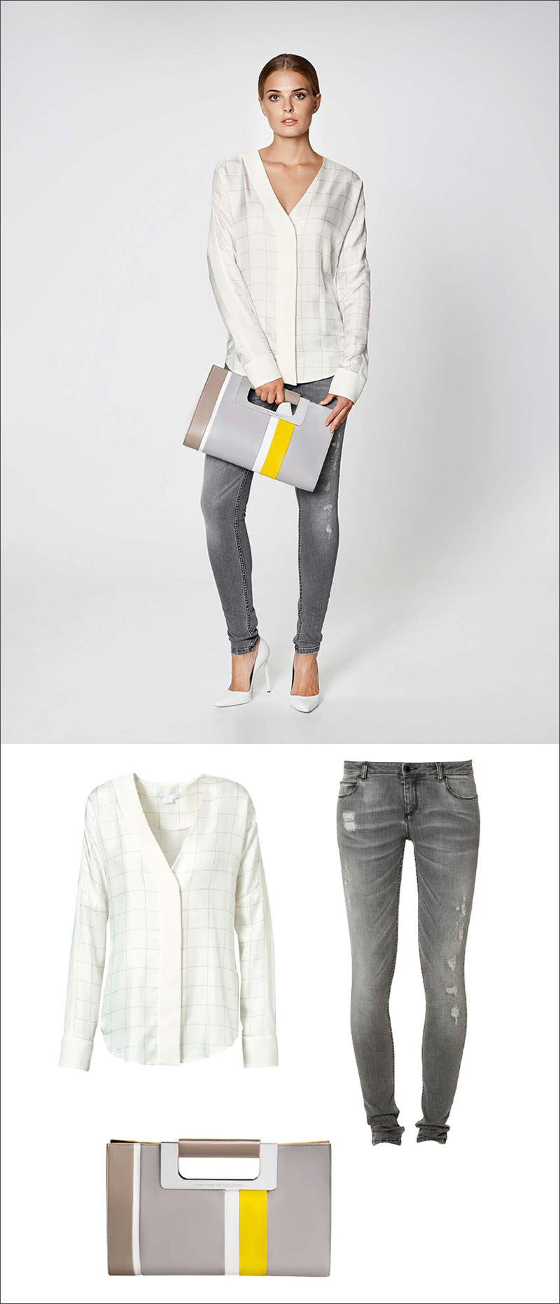 Women's Fashion Ideas - 12 Womens Outfits From Porsche Design's 2017 Spring/Summer Collection // A window pane blouse, ripped jeans, and a grey clutch with a pop of yellow create this versatile women's outfit.