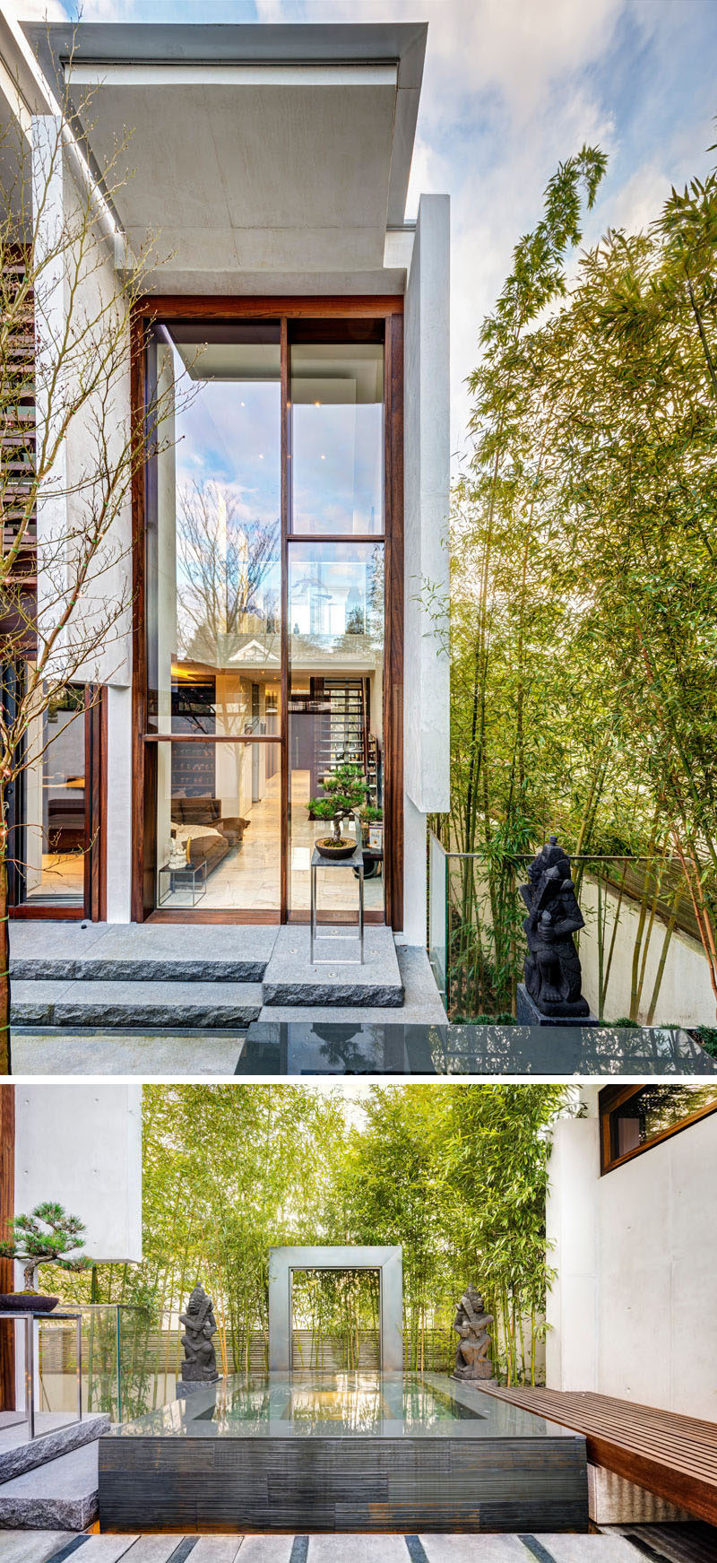 Just off the kitchen in this modern home is a quiet and peaceful oasis where influences from Bali and Thailand can be seen with a water feature, statues and bamboo.