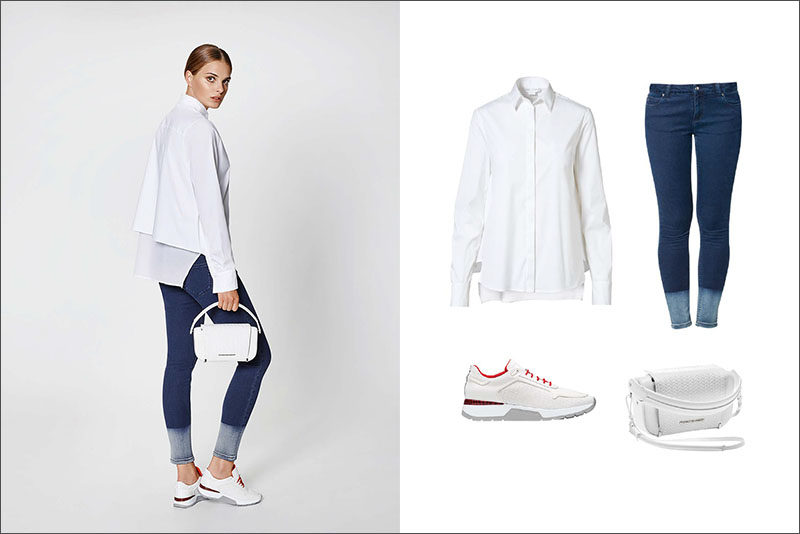 Women's Fashion Ideas - 12 Women's Outfits From Porsche Design's 2017 Spring/Summer Collection // This casual women's outfit is made up of a white draped blouse, two toned jeans, a white bag, and red and white shoes for a little pop of color.