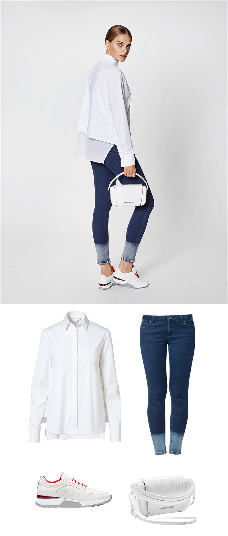 Women's Fashion Ideas - 12 Womens Outfits From Porsche Design's 2017 Spring/Summer Collection // This casual women's outfit is made up of a white draped blouse, two toned jeans, a white bag, and red and white shoes for a little pop of color.