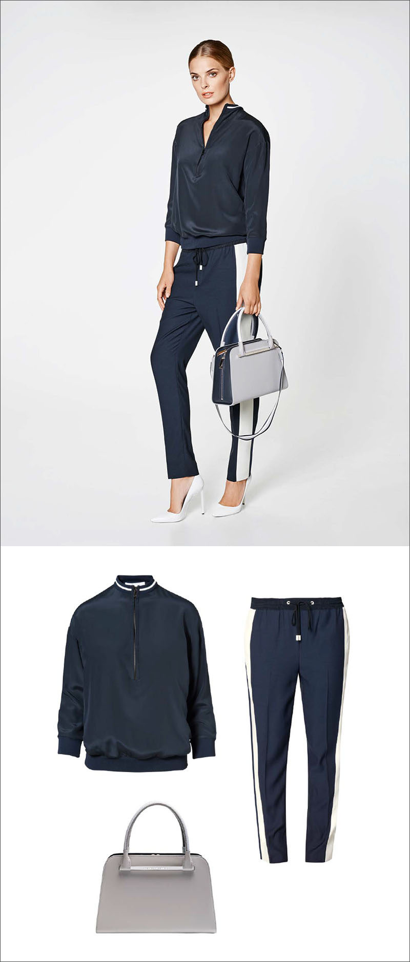 Women's Fashion Ideas - 12 Womens Outfits From Porsche Design's 2017 Spring/Summer Collection // This casual women's outfit features a navy blouse, a pair of navy and white pants, and a classic grey and navy purse.