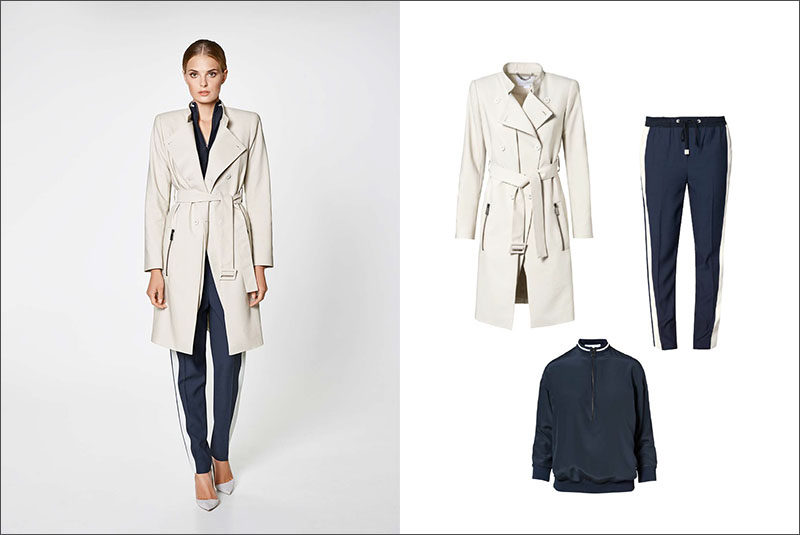 Women's Fashion Ideas - 12 Women's Outfits From Porsche Design's 2017 Spring/Summer Collection // This casual women's outfit, featuring a navy blouse and navy and white pants, has been dressed up with with a double breasted trench coat and pumps.