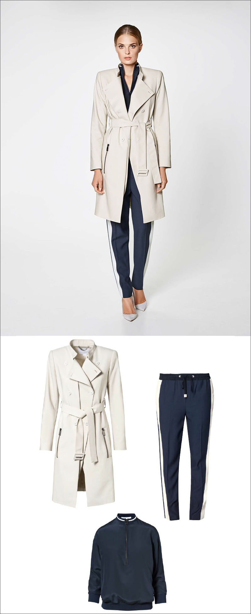 Women's Fashion Ideas - 12 Womens Outfits From Porsche Design's 2017 Spring/Summer Collection // This casual women's outfit, featuring a navy blouse and navy and white pants, has been dressed up with with a double breasted trench coat and pumps.