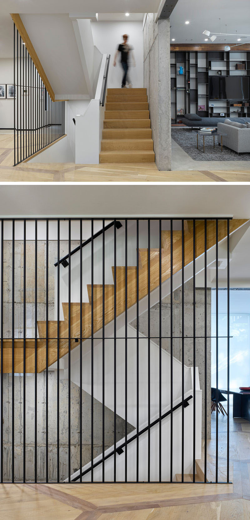 Wood, steel and concrete have been paired with white walls for a contemporary looking staircase.
