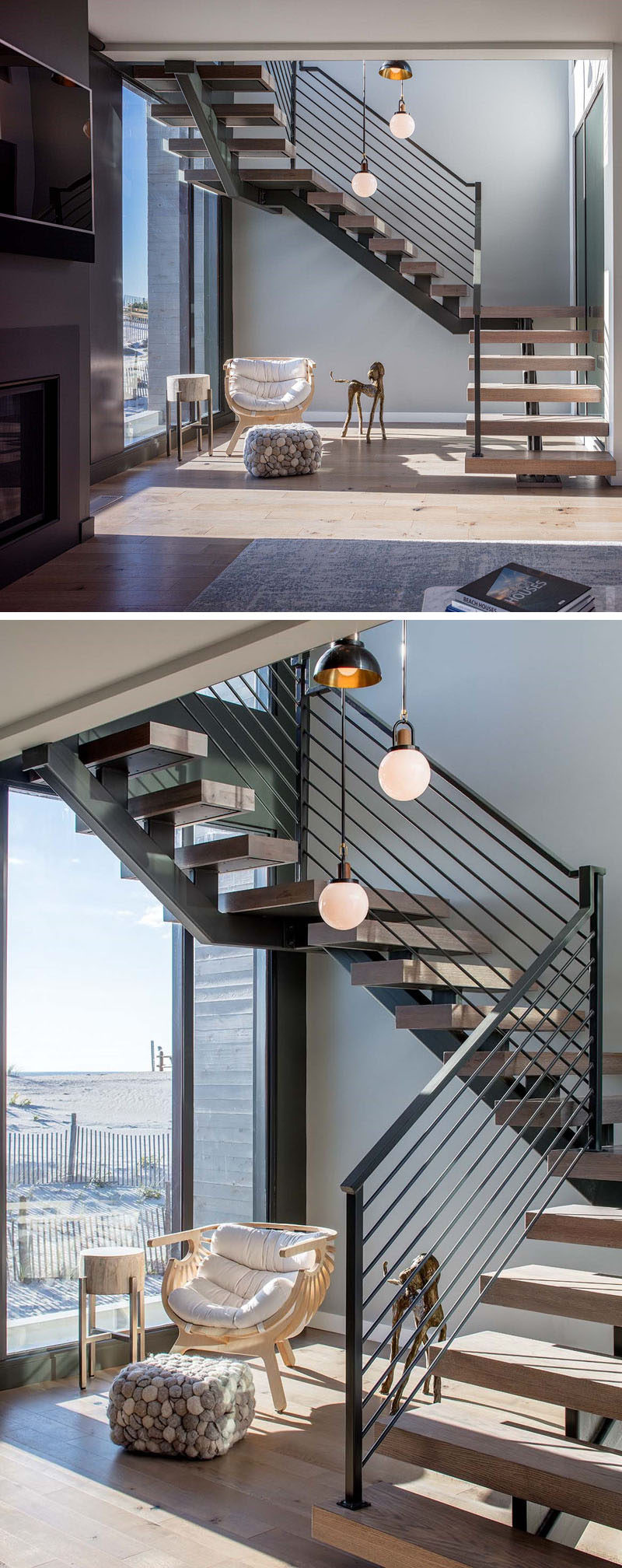 Wood and steel stairs lead to the upper level of this beach home and wrap around a stairwell light designed by Colony – Allied Maker.