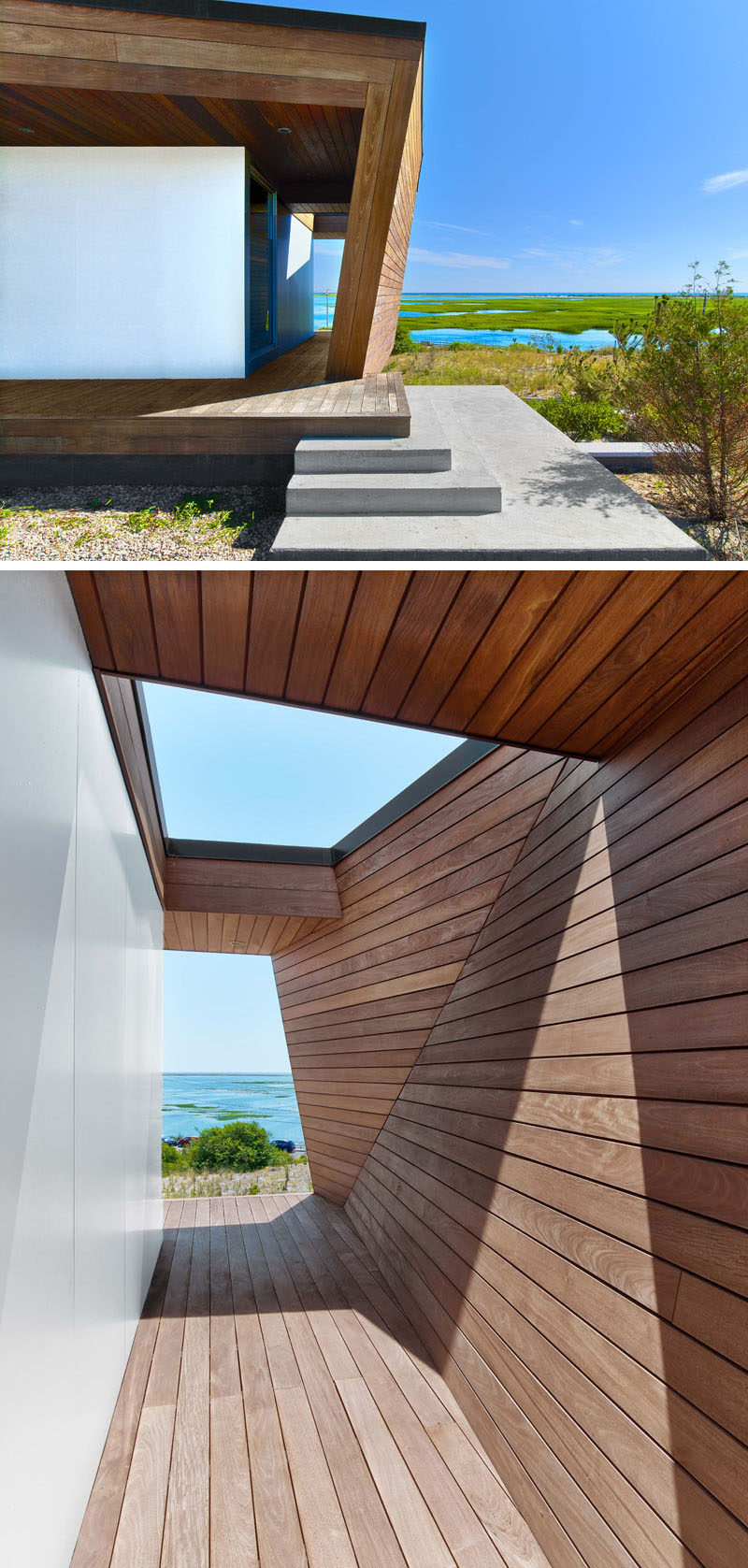 Welcoming you to this modern home is a one storey sculptural entrance wrapped in wood that takes inspiration from the faceted shape of rocks that are washed ashore on the beach.