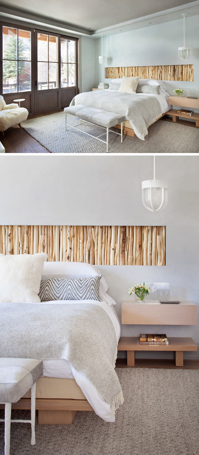 This bedroom has a recessed wall section filled with rustic branches that act as a headboard above the bed