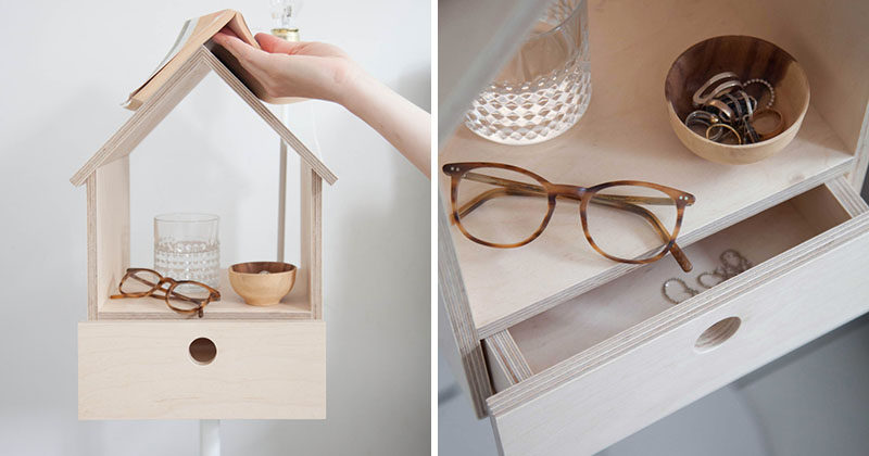 Designed with multi-functionality in mind, the Birdhouse Cabinet by Lianne Siebring of Siebring & Zoetmulder Design Products, is a side table, light fixture, book marker, and storage solution all in one simple structure. 
