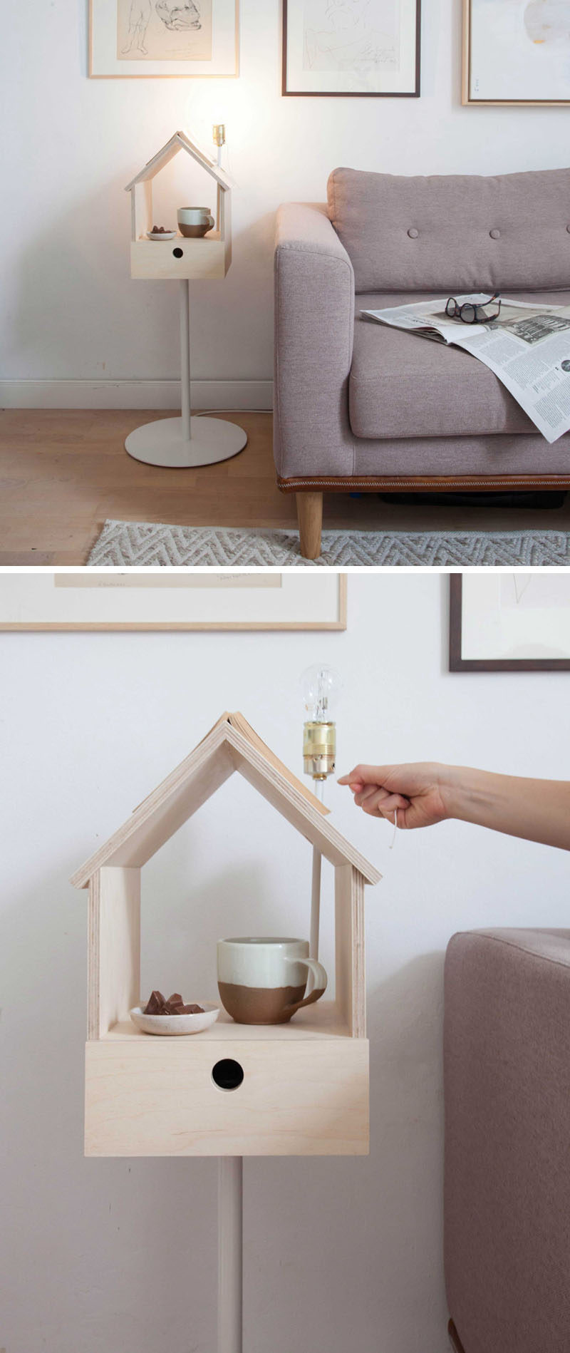 In the living room, the convenient holding station and light fixture make the Birdhouse Cabinet an ideal side table perfect for having next to you while you're curled up on the couch