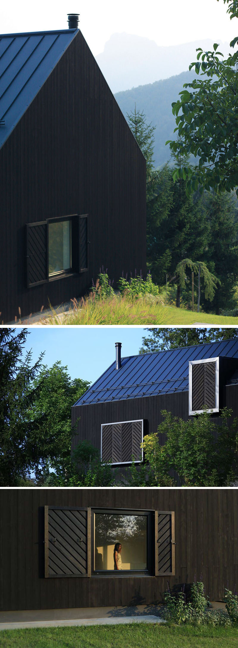 The design of this small modern black house includes a pitched roof. Blackened wooden (Shou Sugi Ban) was used as siding to cover the home, and to match the color of the house, black wooden shutters with a diagonal pattern have been attached to the house and can be used to cover the windows when needed.