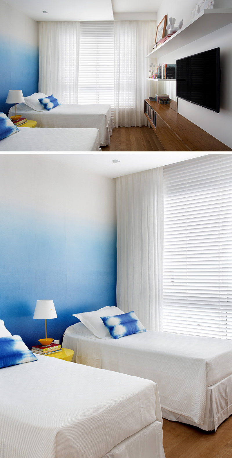 Bedroom Design Ideas - The designers of this apartment used an ombre wallpaper in the bedroom to create an accent wall that's stylish and less overpowering than a full blue wall. #BlueWall #BlueWallpaper #OmbreWall #BedroomDesign #ModernBedroom