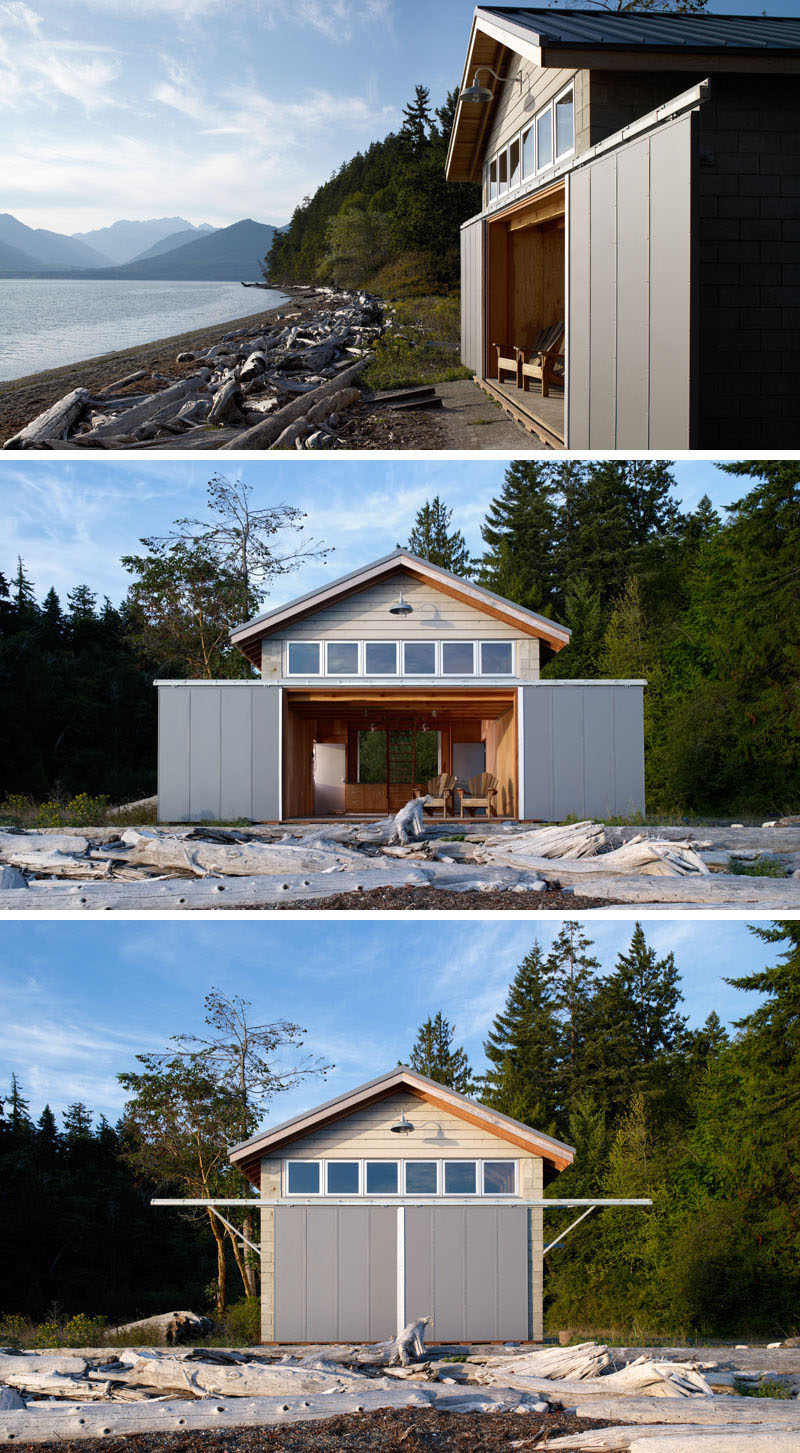 Seattle architects Hoedemaker Pfeiffer designed this modern boat house that features a loft sleeping area so that it can be used year round for both boat storage and overnight stays.