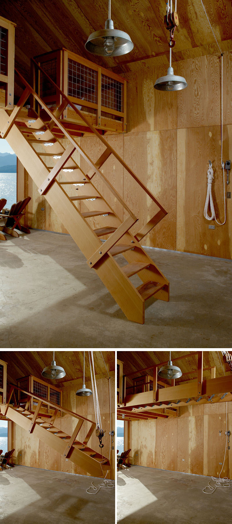 This retractable wood ladder in a modern boat house was included to create space for storing the boat in the winter and to make it easy to get up into the loft area.