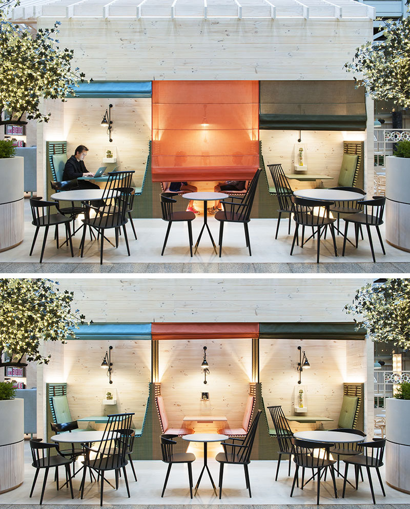 Interior Design Idea – Sometimes, people need a little privacy for a phone call, dinner or discussion when in a public space, especially in a hotel, and one way that can be achieved is by installing drop-down shades. Not only do the shades provide privacy for each booth, they also match the colorful upholstery and furniture within the booth.