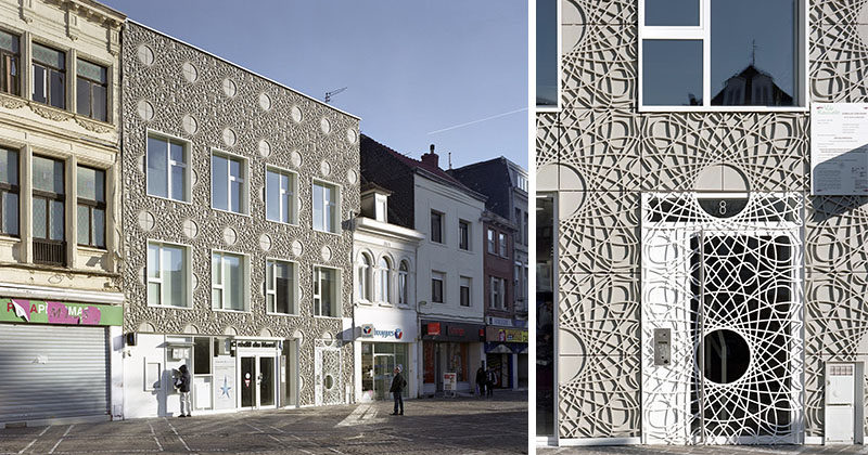 This building facade is made up of decorative rosette concrete panels inspired by a pattern found on bank notes.